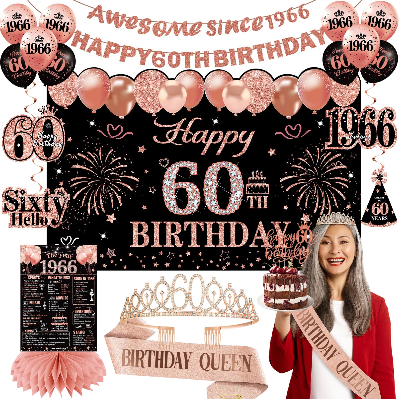 Photo 1 of 60th Birthday Decorations for Women Black Rose Gold, 60th Birthday Crown and Sash Awesome Since 1966 Banner Backdrop Balloons Cake Topper Table Sign Hanging Swirls Vintage 1966 Gifts 21pcs