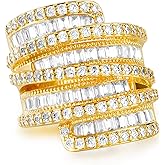 MDFUN 4 Rows Emerald Cut Cubic Zirconia Rings 18K White Gold/Yellow Gold Plated Statement Halo Eternity Wedding Ring Baguette Band for Women Size 5-10