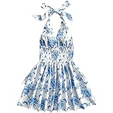 SOLY HUX Women's Sundresses Boho Halter V Neck Backless Ruffle Flowy Summer Beach Mini Dress