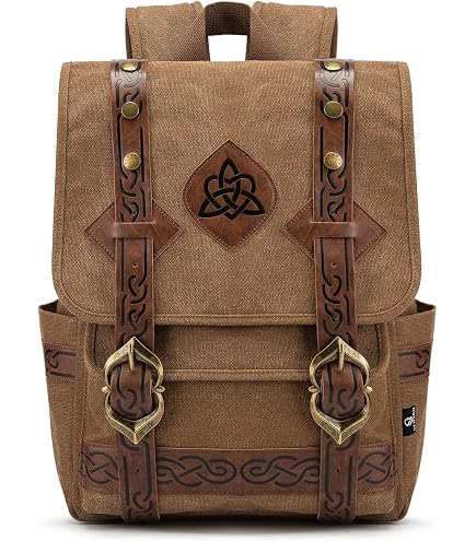 SV SENVAN Viking Steampunk Leather Backpack – Medieval LARP Renaissance Bag with Metal Accents, Brown Embossed Canvas for Outdoor Travel & Cosplay