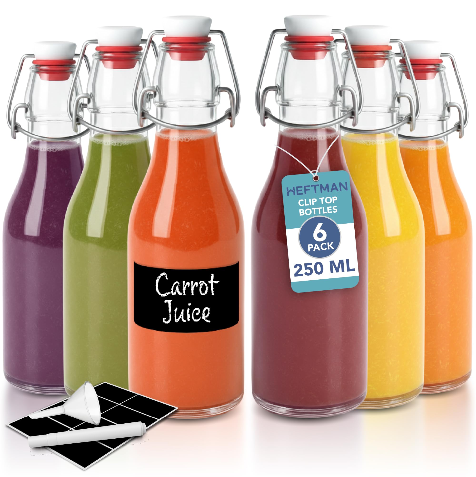 HEFTMAN Glass Bottles with Stoppers - 250ml 6 Pack Clear Swing Top Bottles for Beer Brewing with Airtight Stoppers for Wine, Condiments, Beverages, Oil, Vinegar, Kombucha & Water - 6 PCS (250ml)