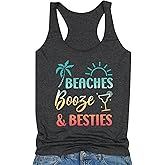 Beaches Booze & Besties Coconut Tree Racerback Tank Tops Women Sleeveless Summer Graphic Tank Top Beach Vacation Tee