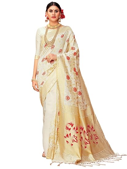 Women's silk blend Saree with Unstitched Blouse Piece (Free size_Off-white_4PJEX407)