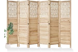 Svimi Folding Room Divider, 66.9 Inch 6 Panels Wood Carved Privacy Screens, Free Assembled Freestanding Portable Separation Wall for Home Office Bedroom (Natural)