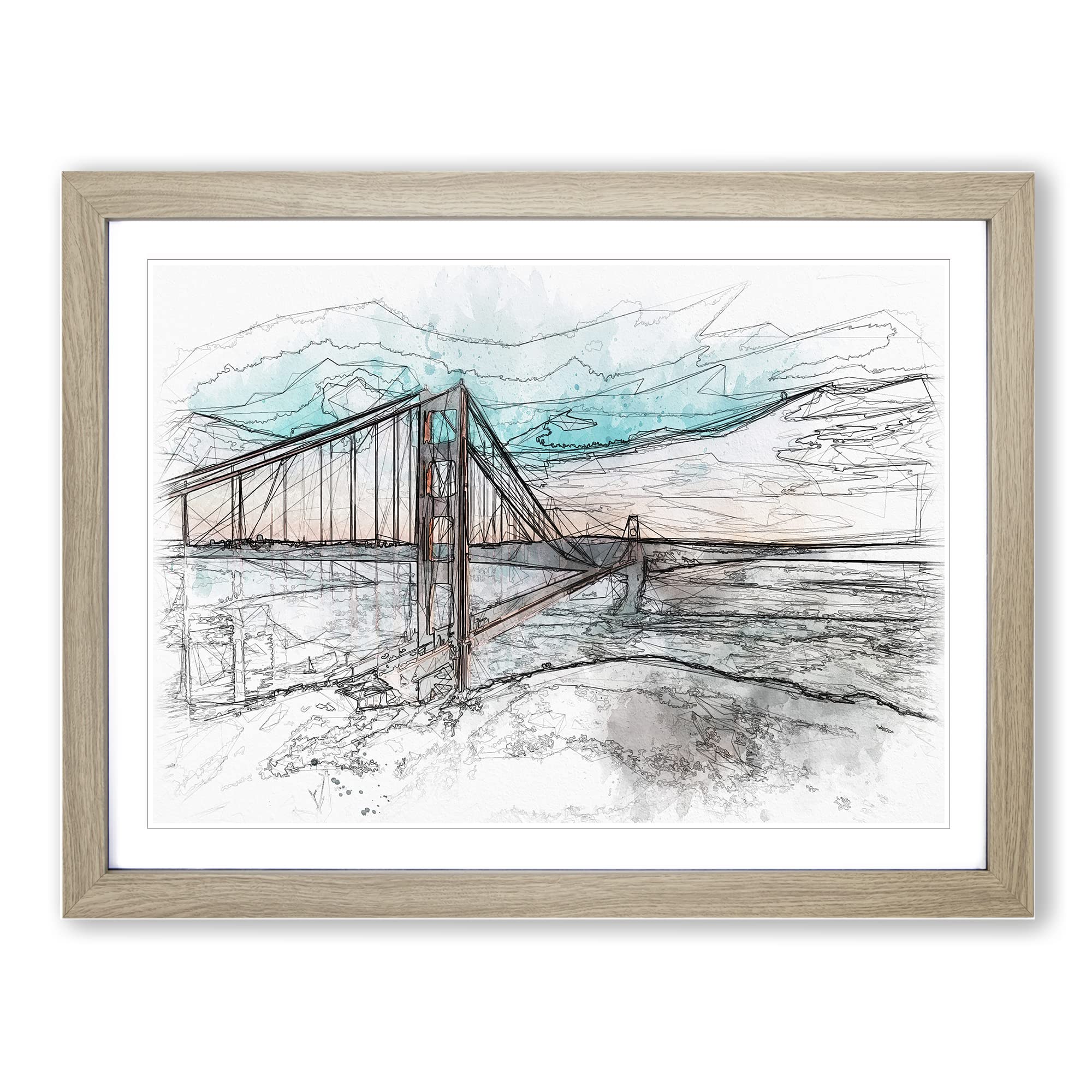 The Golden Gate Bridge In San Francisco Bay Sketch Modern Art Framed Print | A3 Oak Framed Wall Art | Ready to Hang | Modern Cityscape Picture | Living Room Bedroom Lounge Office