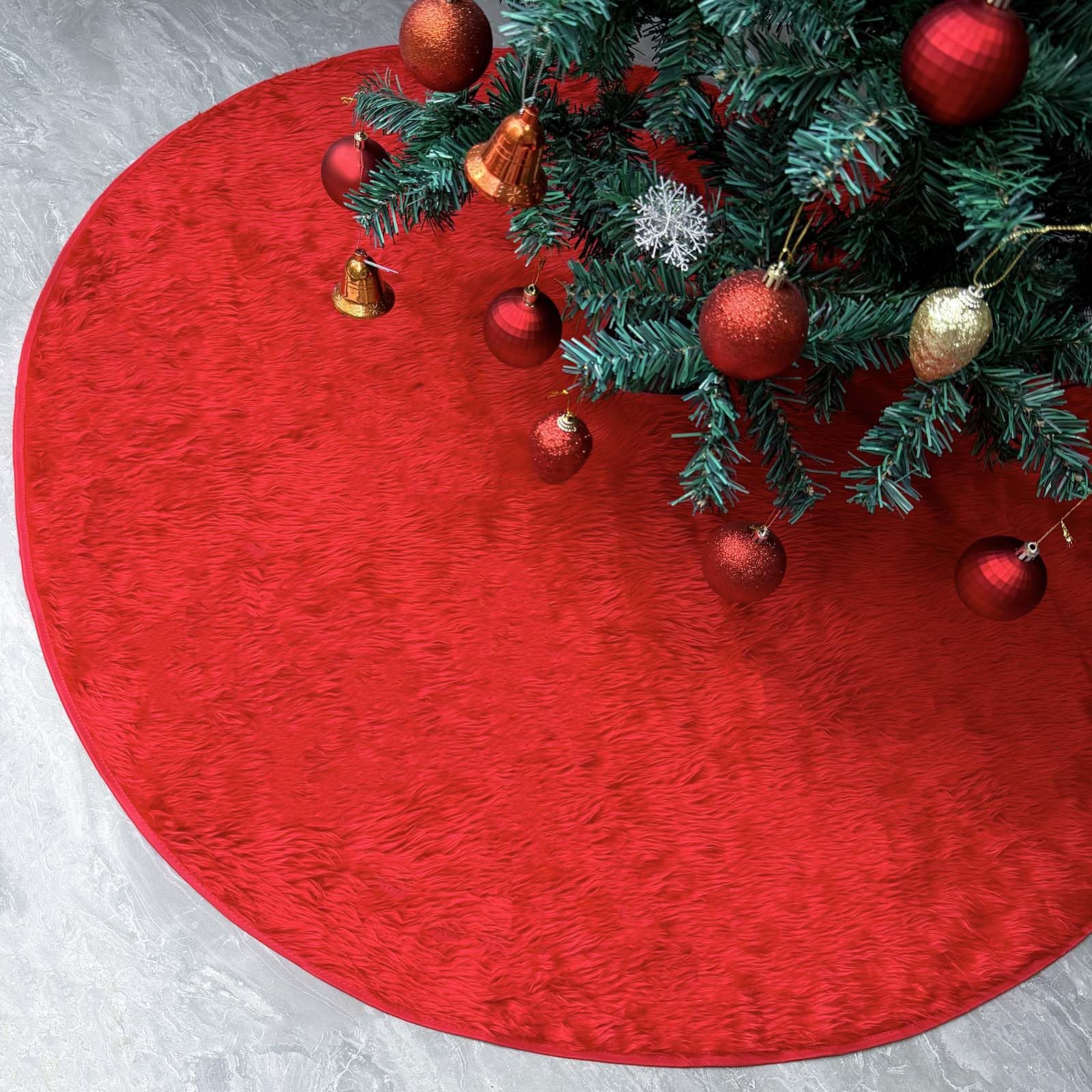 Photo 1 of 63 Inch Red Christmas Tree Skirt Classcal Fuzzy Faux Fur Large Tree Skirt for Christmas Party Decorations New Year Holiday Home Ornaments