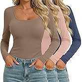 Ficerd 3 Pack Square Neck Tops for Women Long Sleeve Going Out Slim Fit Shirts Basic Tees 2026 Winter Y2k Clothes