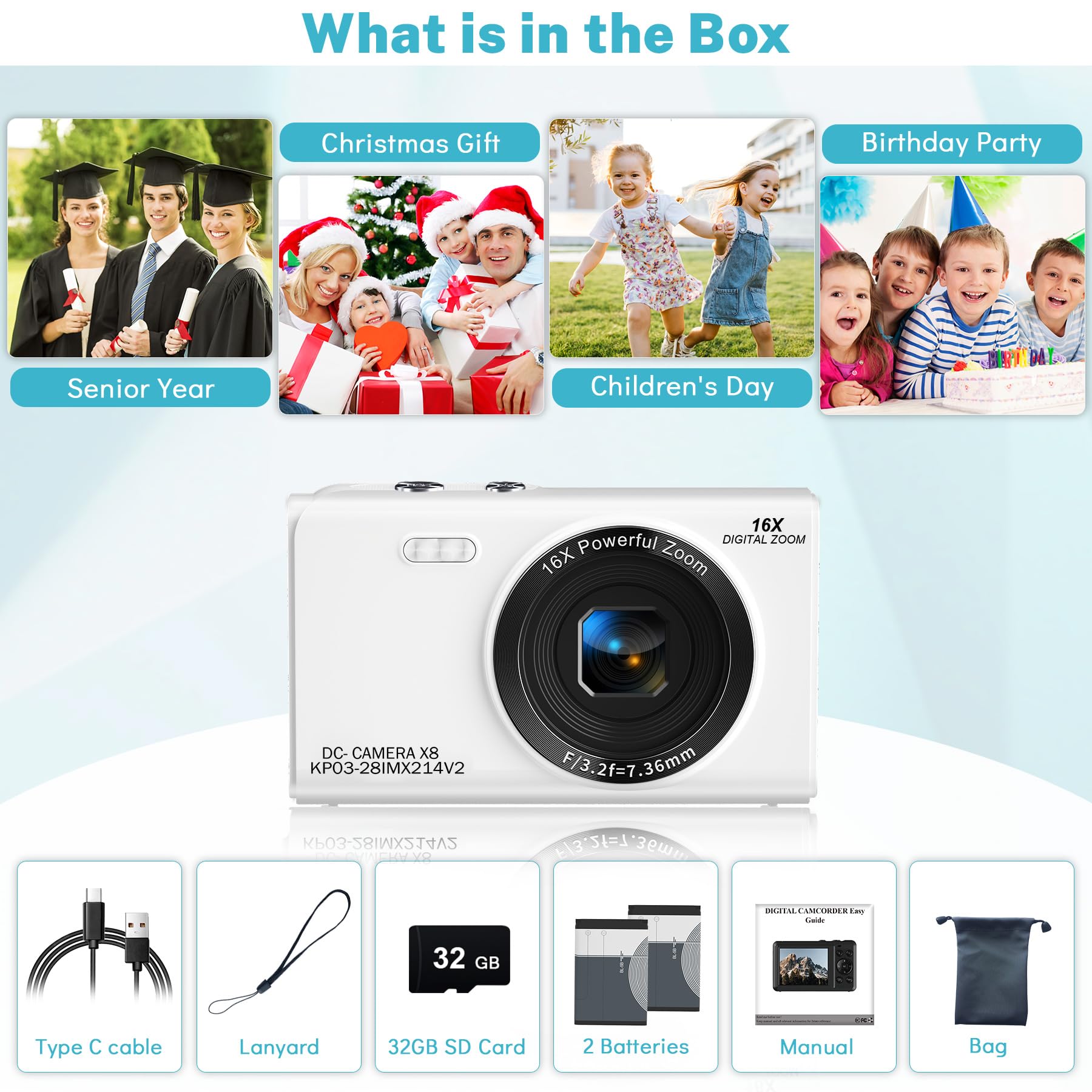 Digital Camera, Saneen 4K WiFi Kids Cameras for Photography, Compact Camera with 32GB Card, 16X Digital Zoom, 2.8