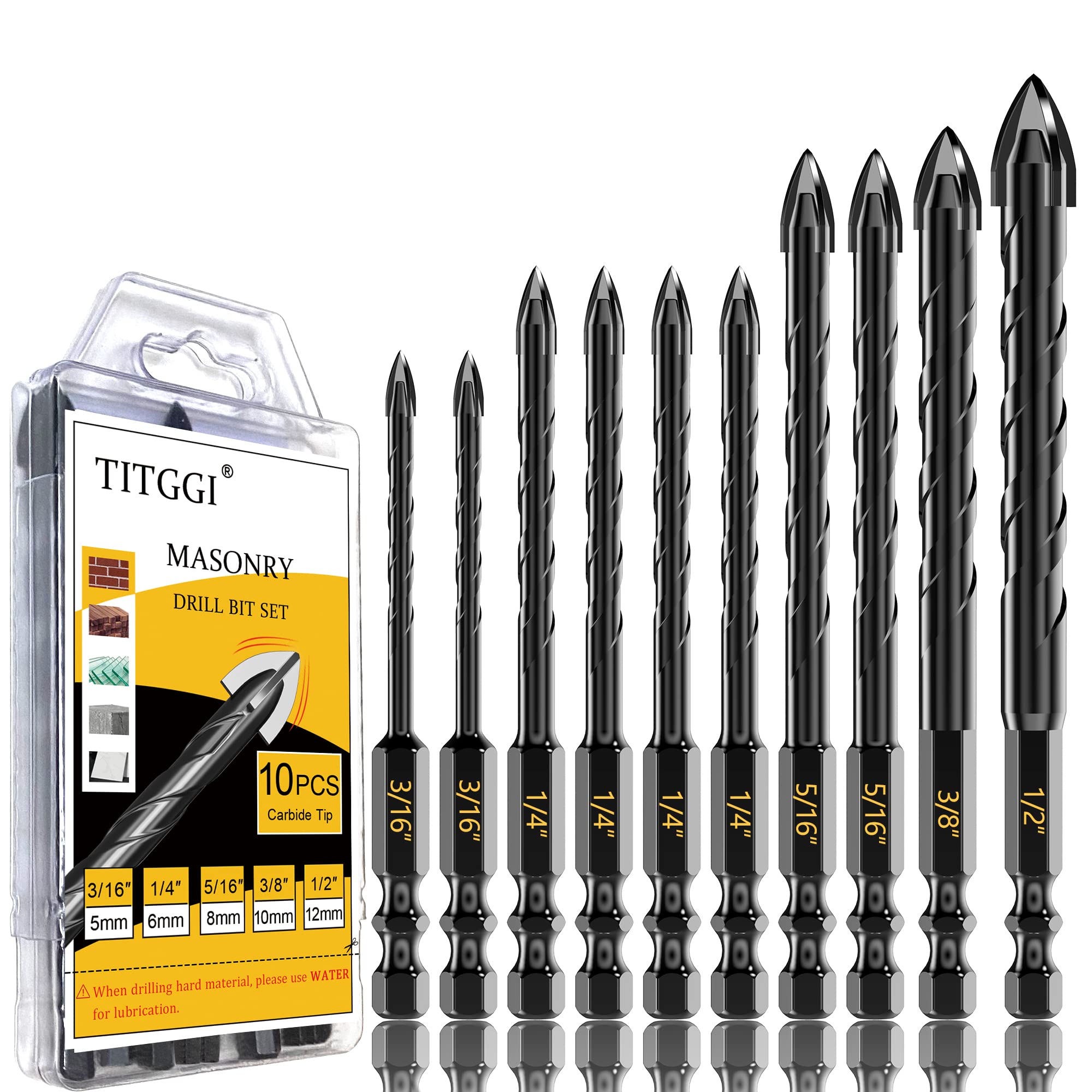 Masonry Drill Bit Set - Cement Drill Bit, Professional Concrete Drill Bit Set (10PCS) for Glass/Brick/Cement/Tile/Etc, Industrial Strength Carbide Cross Drill Bit Tip, 3/16