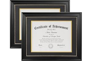 DOAI ART 8.5 x 11 Diploma Frame Set of 2 Classic Black with Blue and Gold Double Mat or Displays Document&Certificate 11x14-inch Without Mat,Wide Molding, Gold Beads Hanging Hardware Included, Tabletop