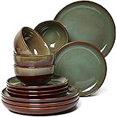 Stoneware Dinnerware Set for 4, POKINI 12 PCS Reactive Glaze Plates and Bowls Set, Handmade Ceramic Dishes Set, Highly Chip a