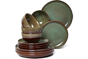 Stoneware Dinnerware Set for 4, POKINI 12 PCS Reactive Glaze Plates and Bowls Set, Handmade Ceramic Dishes Set, Highly Chip a