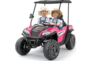 ELEMARA 2 Seater Ride-On Car w/Dump Bed, Sun Shade & Shovel, 12V 10AH 4WD Electric Vehicle for Big Kids, 3 Speeds, LED Lights, Music, 4.0 mph Bluetooth Ride on Toys for Toddlers, Pink