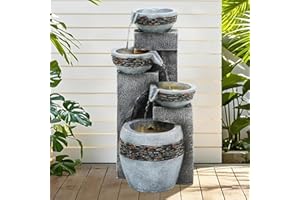 Autodaya 19.5" Tall 4-Tier Pedestal Outdoor Water Fountain with LED Lights and Pump, Relaxing Garden Fountain Waterfall for Patio, Porch, or Yard