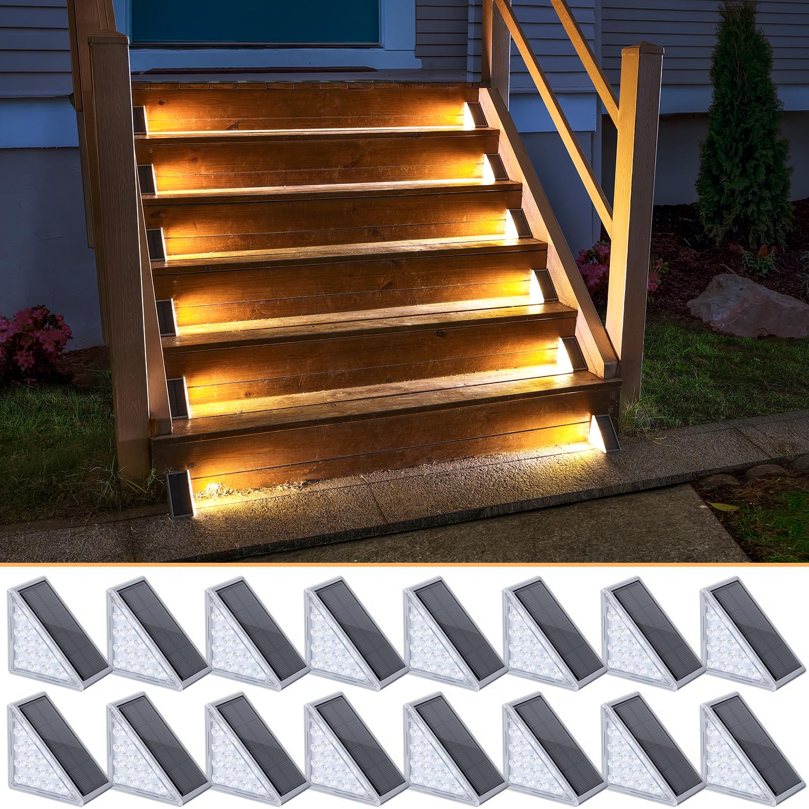 NIORSUN Solar Step Lights 16 Pack - Outdoor Stair Lights with 3000K Warm White & 6000K Cool Daylight, IP67 Waterproof, Auto On/Off, Super Bright for Deck, Patio, Steps Image