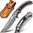 LOTHAR RHAEGAL Damascus Pocket Knife for Men, Handmade Forged VG10 Damascus Folding Knife with Sandalwood, Retro Leather Sheath, Pocket Clip, Men Gifts for Birthday, Christmas, Father's Day,Valentines Day (Black Sandalwood)