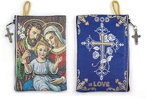TREE OF LIFE REV. 22:14 Catholic Rosary Pouch, Holy Family & God is Love, 4" x 6" Jewelry & Coin Purse with Cross, Small Woven Tapestry Icon Bag, Bolsa de Rosario Católico para Joyería