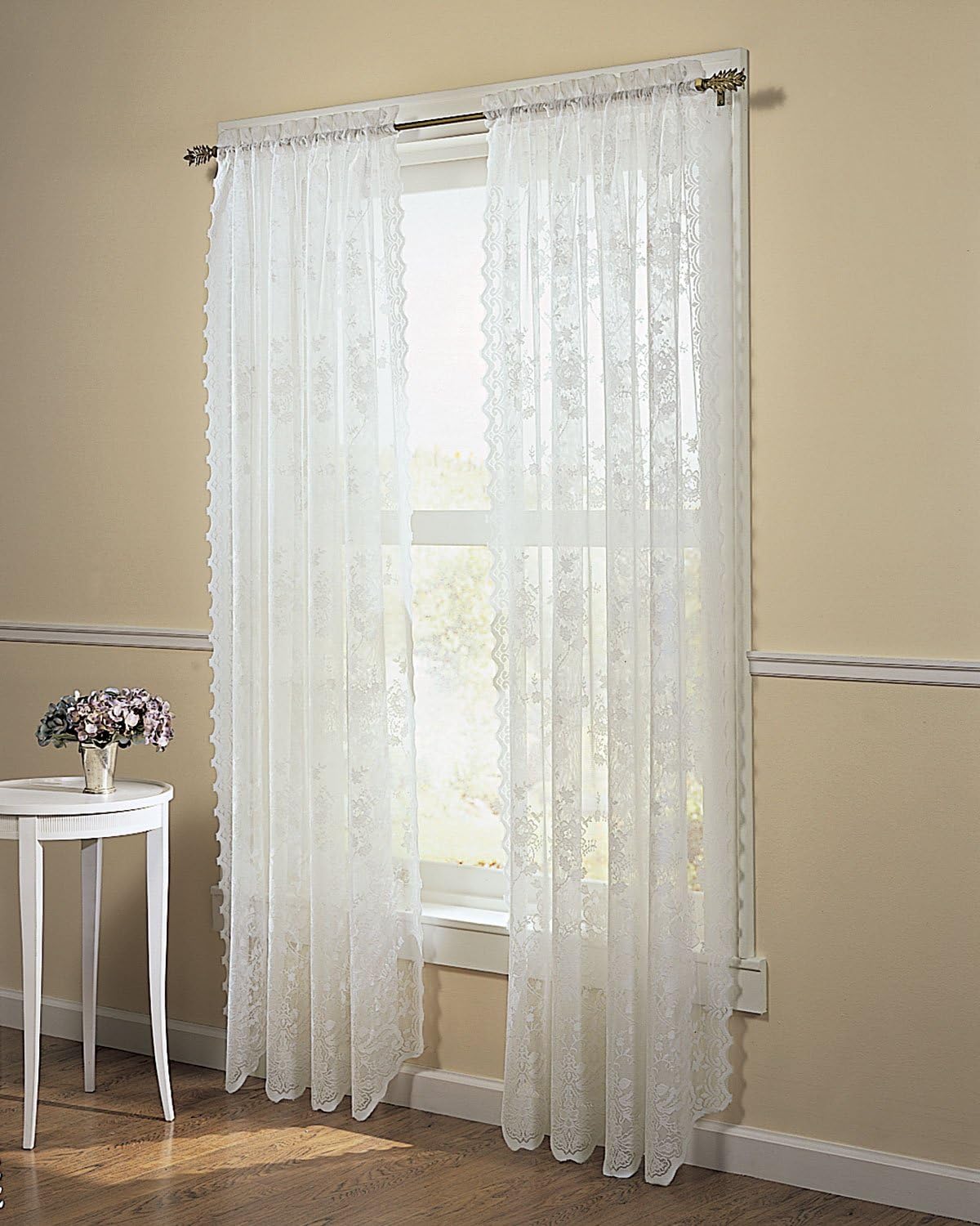 Easy Care Fabrics Lace Window Curtain Drape Panel Treatment, 58 by 84-Inch, White