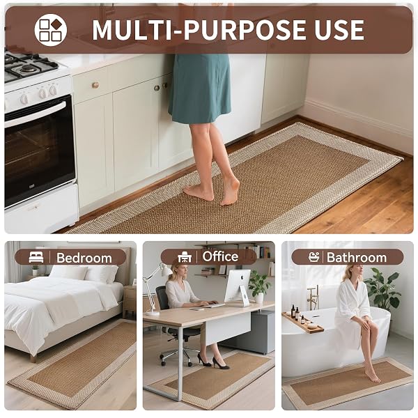 QICAIJIA KITCHEN MATS FOR FLOOR, SUPER ABSORBENT KITCHEN RUGS NON SLIP WASHABLE, SOFT LINEN BRAIDED KITCHEN RUNNER RUG, STANDING MAT KITCHEN SINK MAT, EASY TO CLEAN, BROWN 17X47