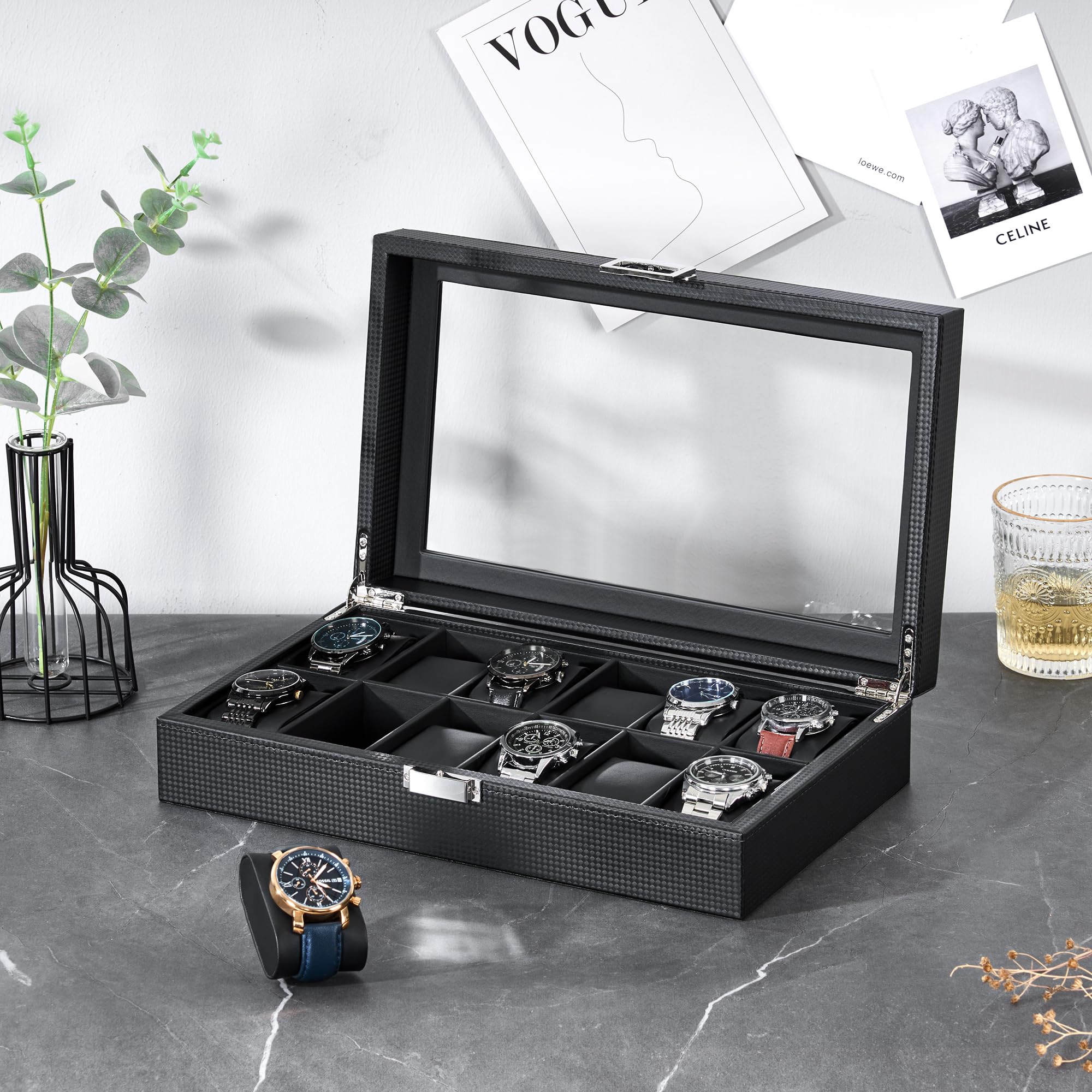 BEWISHOME Watch Case, 12-Slot Watch Box with Large Glass Lid, Watch Case for Men Watch Box Organizer, Mens Jewelry Box Removable Watch Pillows, Black Synthetic Leather, SSH08C