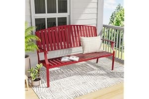 RICNOD Outdoor Aluminum Bench with Backrest, Patio Metal 3-Seater Chair for Porch Balcony Deck Lawn Garden Poolside Yard (Red)