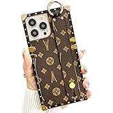 Dropcases Compatible with iPhone 15 Pro Max Case Luxury Designer for Women Girls,Rectangle Leather with Wristband Strap Kickstand Holder Protective Phone Cover for 15 Pro Max - 6.7”(Brown)