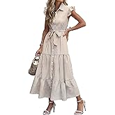 Caracilia Womens Summer Casual Ruffle Cap Sleeve Maxi Dress Button Down Striped Plaid Tie Waist Vacation Long Shirt Dresses
