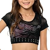 Malibu Sugar Girls Mesh Crop Top Sparkling Rhinestone Dance Outfits for Girls - Short Sleeve Breathable Activewear Ages 7-14