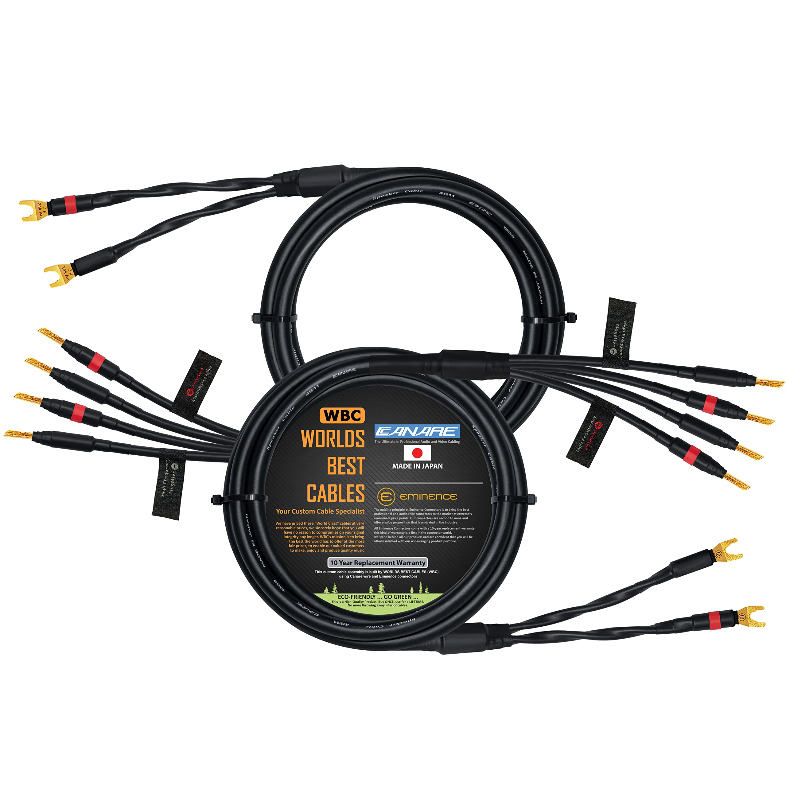 WORLDS BEST CABLES 1.5 Meter - Canare 4S11 – Audiophile Grade - HiFi Star-Quad Bi-Wire Speaker Cable Pair with Eminence Gold Banana & Spade Connectors [Spade x2 – Banana x4]
