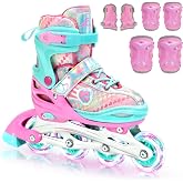 Sportneer 4 Size Adjustable Inline Skates for Girls, Kids Inline Skates Size 12C-9 with Light Up Wheels Roller Blade with Protective Gear Set for Kids Girls Women Beginners Indoor &amp; Outdoor Use