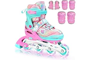 Sportneer 4 Size Adjustable Inline Skates for Girls, Kids Inline Skates Size 12C-9 with Light Up Wheels Roller Blade with Protective Gear Set for Kids Girls Women Beginners Indoor & Outdoor Use