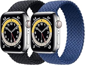 2Pack WAAILU Solo Loop Braided Band Woven Compatible for Apple Watch SE Series 6 40mm 44mm Compatible for Iwatch 5/4/3/2/1 38mm 42mm-(Charcoal & Blue-42/44-7)