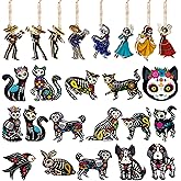 48 Pcs Dia De Los Muertos Decorations, Day of The Dead Wooden Hanging Ornaments for Altar Tree Halloween Decor Cat Dog Rabbit Skeleton Skulls for Mexican Fiesta Festival Party Favor Home Gift