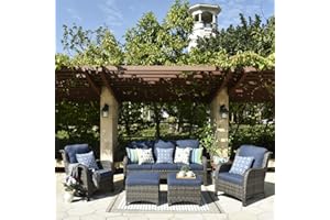XIZZI Patio Furniture Sets Outdoor Furniture Conversation Set 5 Pieces All Weather Wicker High Back Couch with Ottomans,Grey Wicker Denim Blue