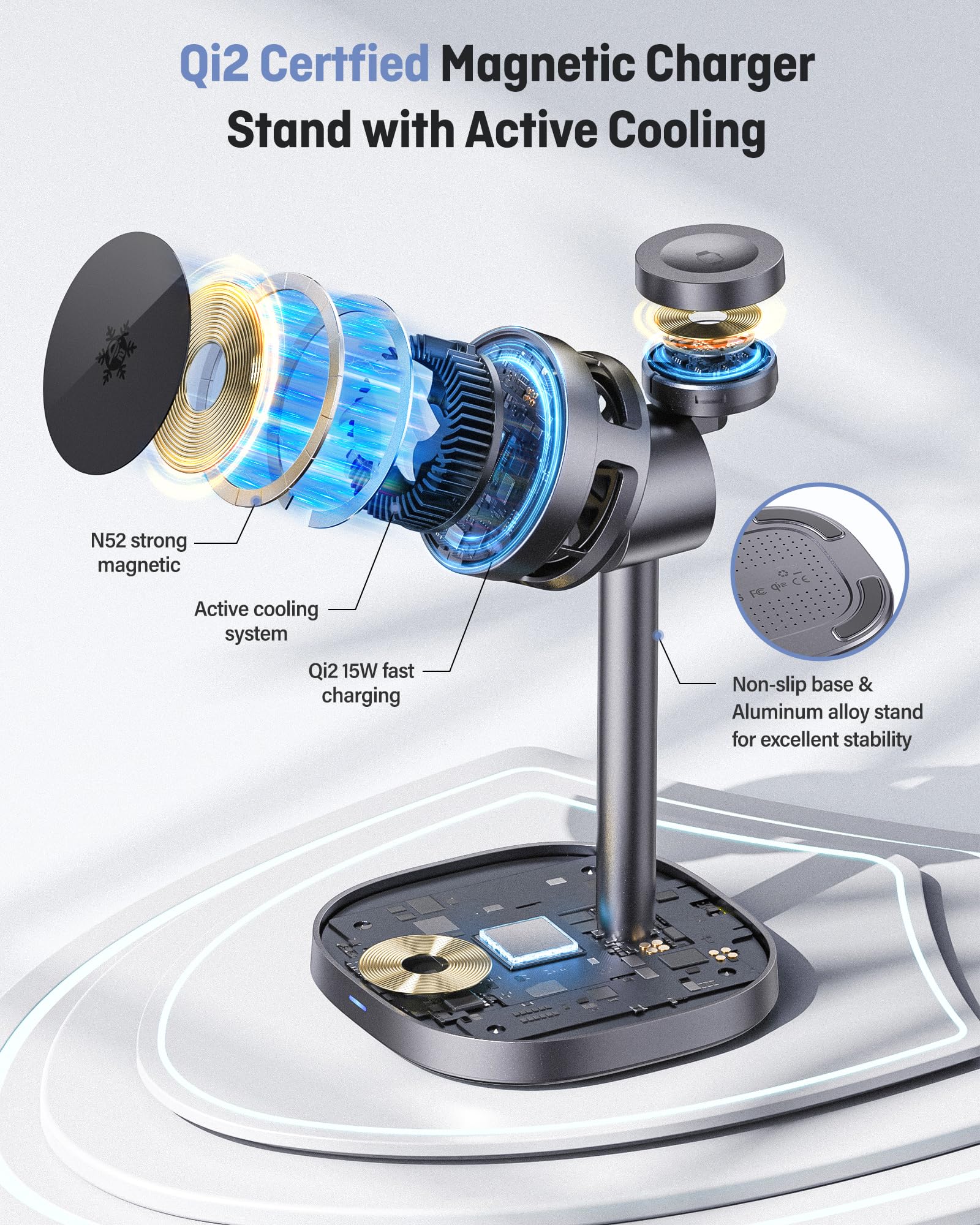 2025 New Magnetic Wireless Charger Stand with Active Cooling Fan, 15W Qi2-Certified 3 in 1 Charging Station for Apple Charger Stand, Wireless Charger for iPhone16/15/14/13/12, Apple Watch, AirPods