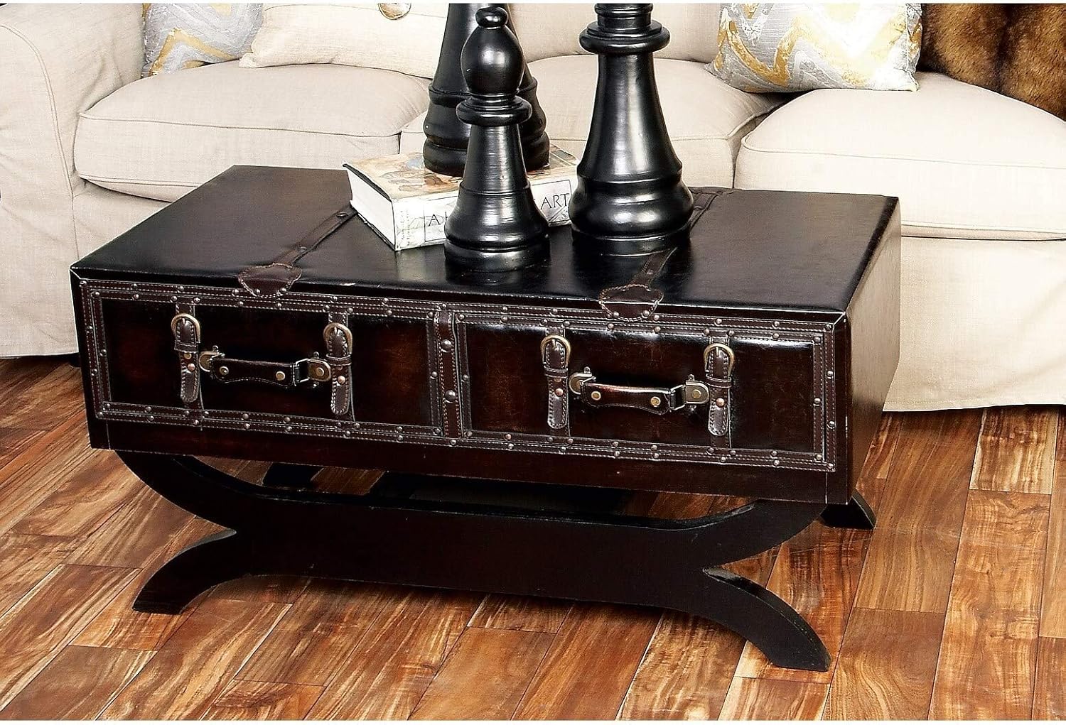 Traditional 21 Inch Leather Coffee Table with Drawers Brown