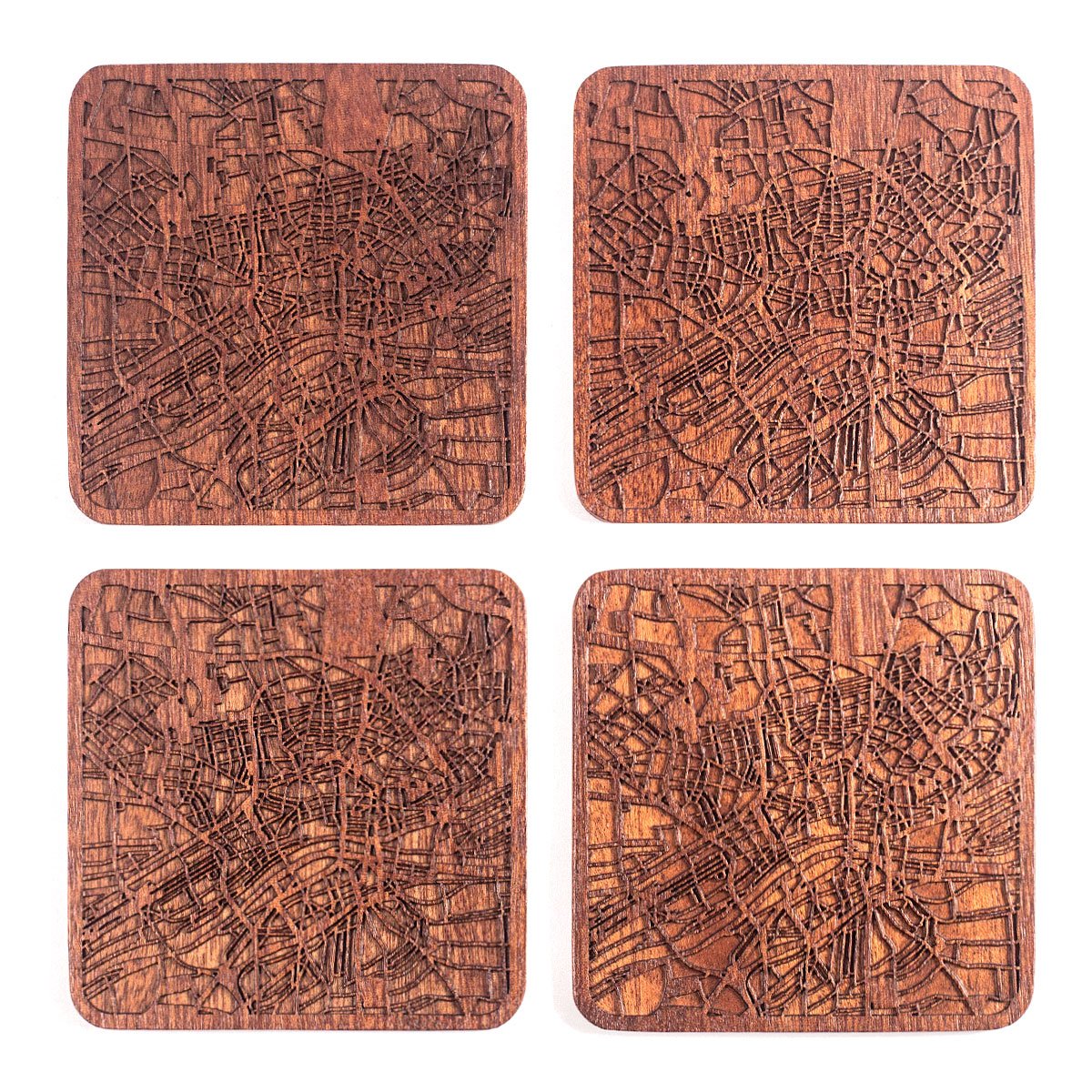 Frankfurt Map Coaster, Set of 4, Sapele Wooden Coaster with City Map, Handmade