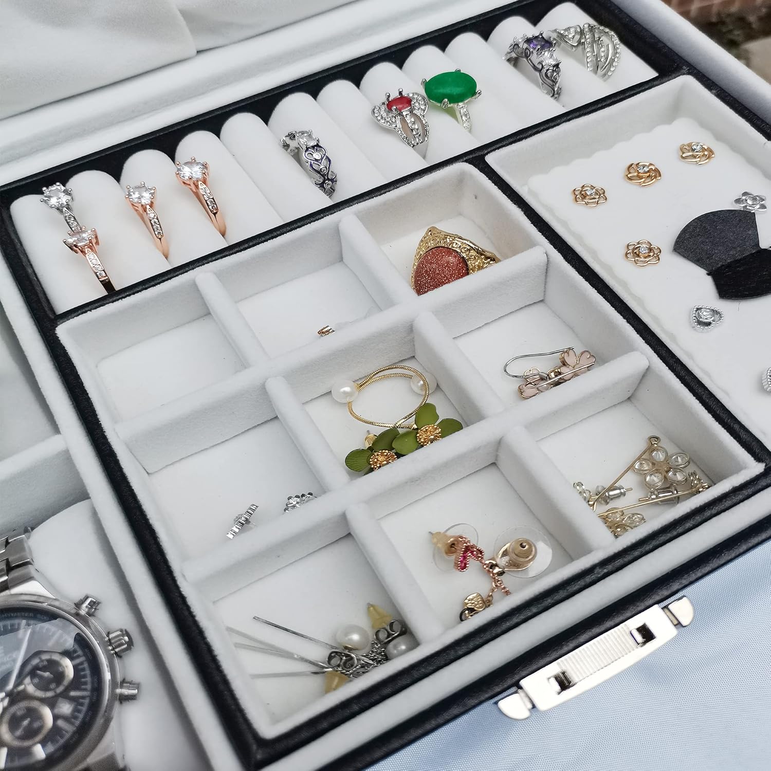 PUFIER Two Layer Senior Flannel Jewelry Organizer with 2 Watch Case Jewelry Box Waterproof Leather Jewelry Storage Case Necklace Rings Earings Display Holder for Women Girls gift: Home Improvement