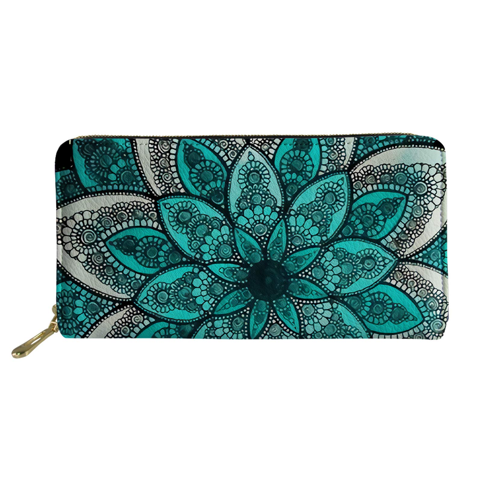 SENATIVE Long Leather Wallet with Mandala Tribal Floral Design Cash Coin Organizer Bag Green