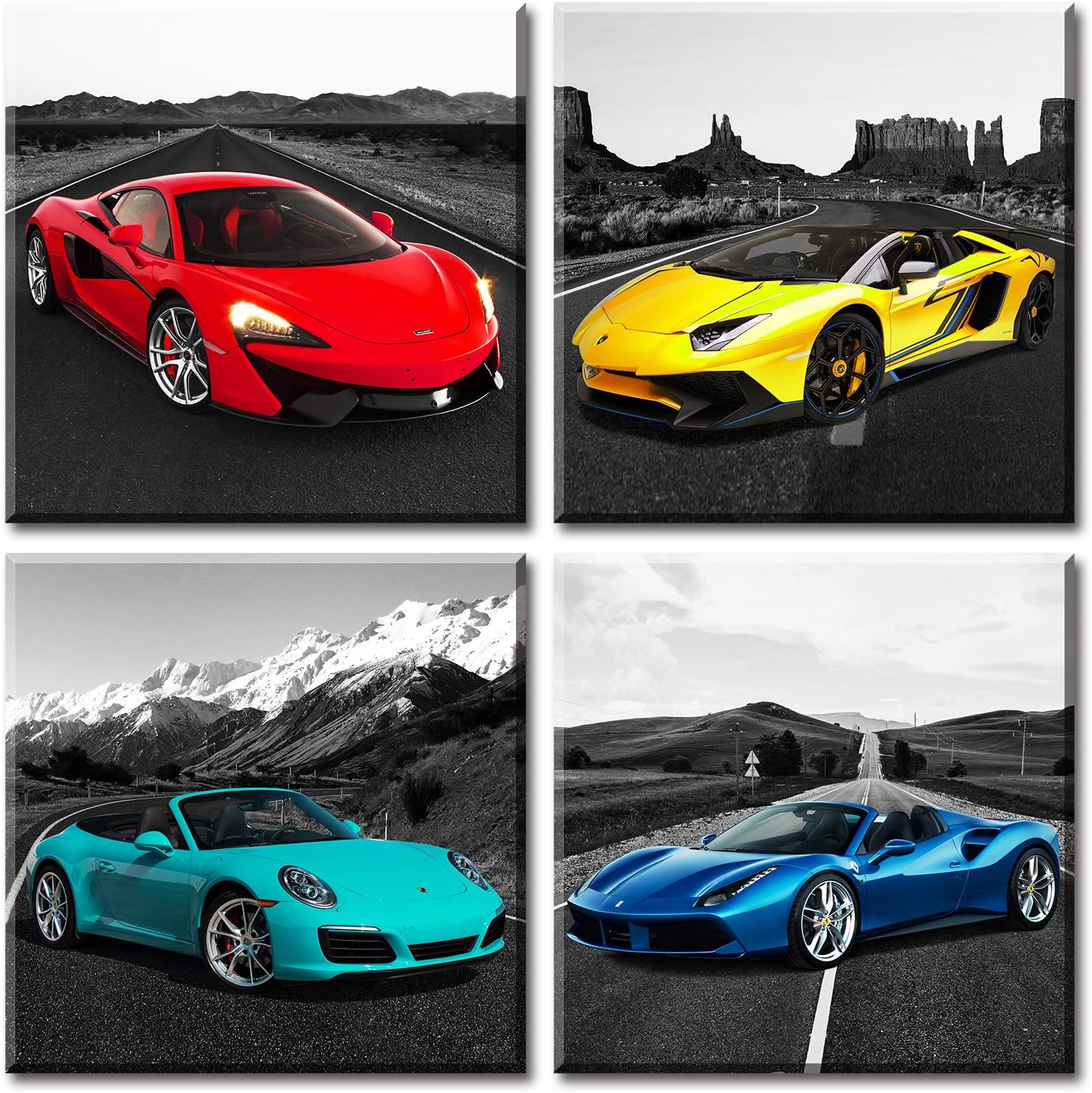 JiazuGo Car Pictures Posters Black and White Wall Decor Art for Teen Boys Room Mens Bedroom Office Canvas Framed Ready to Hang 12" W×12" H×4 PCS