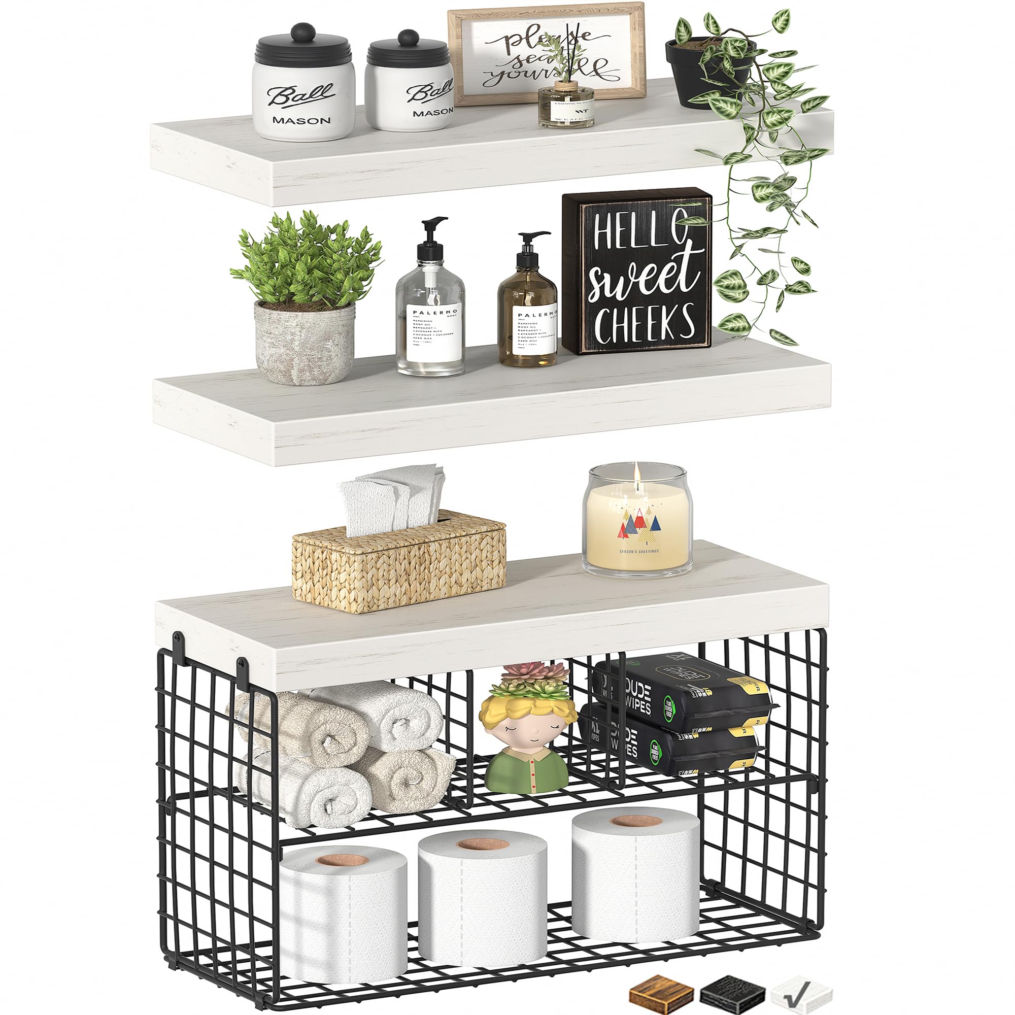 Photo 1 of KLUVIS Bathroom Floating Shelves for Wall - Shelf Over Toilet Storage Small Farmhouse Decor Shelves (15.7 inch, Set of 3, Distressed White and Black)