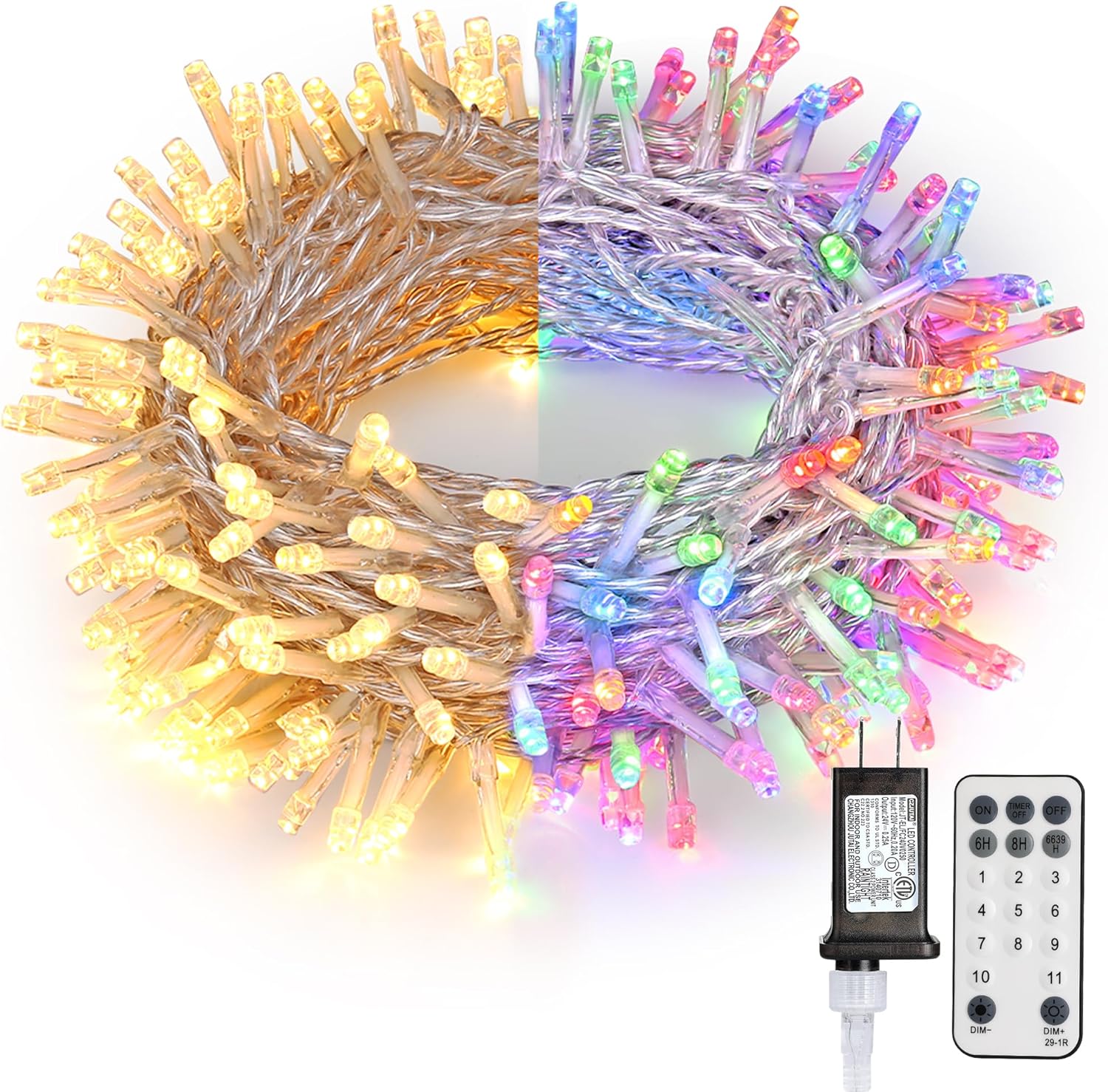 String Lights - Brizled Christmas Lights, 65.67ft 200 LED Tree Lights Color Changing, 11-Function Warm White & Multicolor Christmas Lights, Connectable 24V Adapter Christmas Lights with Remote for Xmas Tree Party