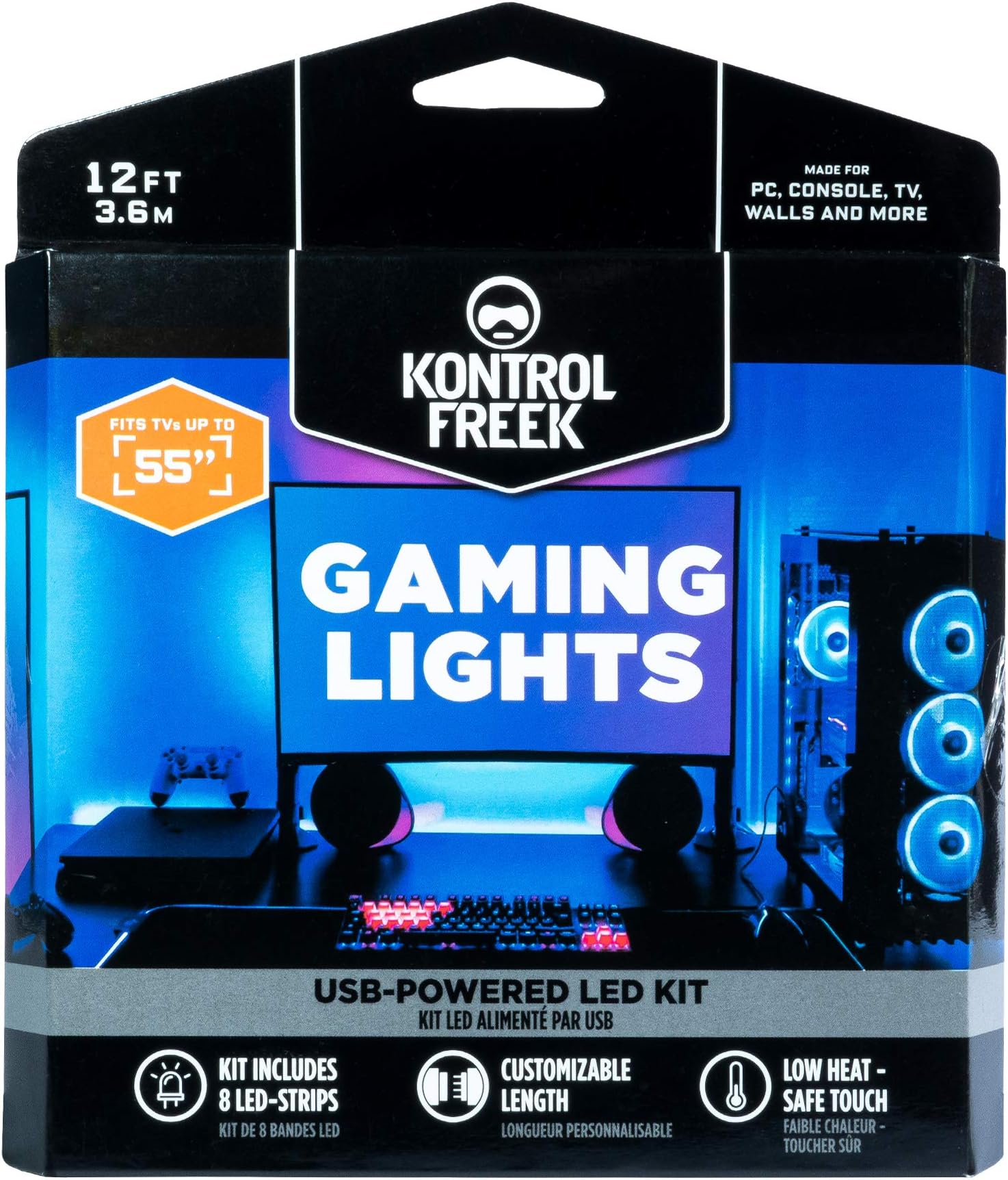 KontrolFreekGaming Lights: LED Strip Lights, USB Powered with Controller, 3M Adhesive for TV, Console, PC, Wall (12 ft)