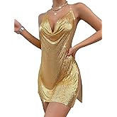 Falainetee Women's Metallic V Neck Backless Chain Cami Party Dress