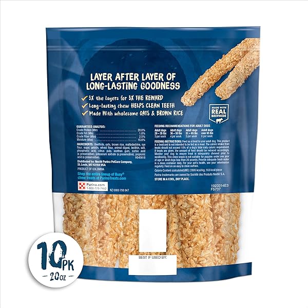 PURINA BUSY RAWHIDE SMALL/MEDIUM BREED DOG BONES, CHEWNOLA WITH OATS & BROWN RICE – 10 CT. POUCH