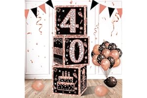 Eiurteao 3pcs 40th Birthday Decorations Boxes for Women, Rose Gold Happy 40 Birthday Balloons Boxes Party Supplies, Forty Bday Theme Cardboard Box Decor