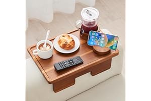 GEHE Real Acacia Wood Couch Arm Table, 15.4"x9.8" Sofa Arm Tray, 3 in 1 Removable Couch Cup Holder wtih 360° Rotated Phone Holder, Clip on Armrest Tray Table for Drinks, Snacks, Phone, Control