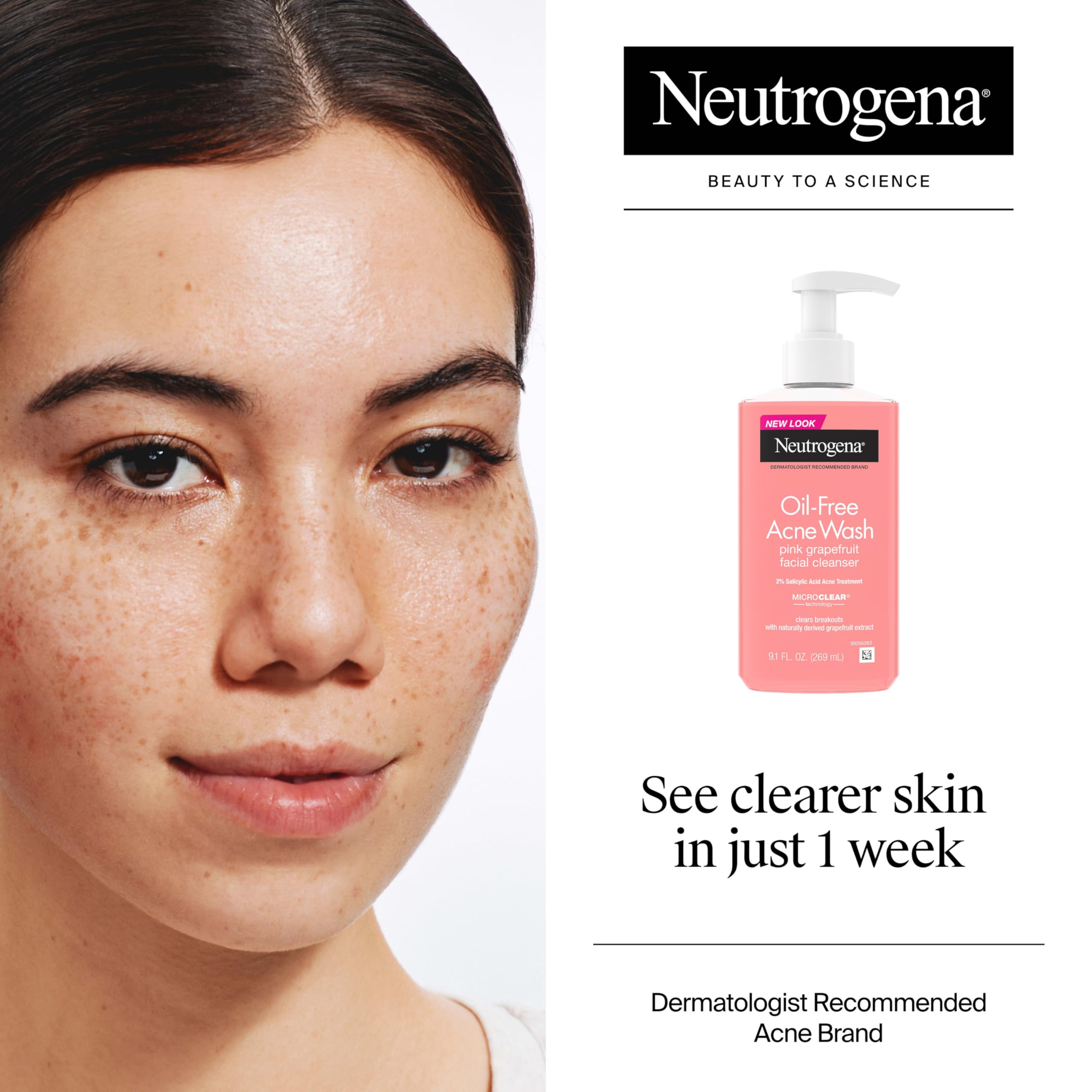 Neutrogena Oil-Free Pink Grapefruit Acne Face Wash, Vitamin C & Salicylic Acid Cleanser, Daily Acne Treatment For Face, Blemish & Blackhead Clearing Facial Cleanser, 9.1 fl. oz