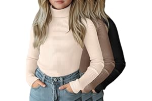 LessonZoo 3 Pack Girls Turtleneck Long Sleeve Shirts Ribbed Knit Cotton Layer Tops Slim Fit Casual Undershirts 5-14 Years