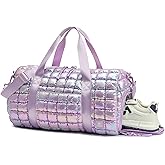 Quilted Duffel Bag for Women, Puffer Gym Duffle Bag with Shoe Compartment Lightweight Large Crossbody Sport Travel Bag Tote Purple Lilac